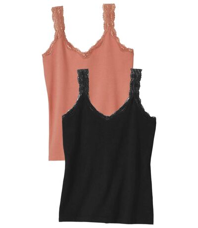 Pack of 2 Women's Lace Tank Tops - Pink and Black 