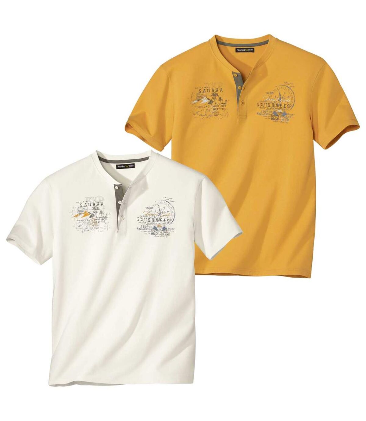 Pack of 2 Men's Button-Neck T-Shirts - Ecru Ochre Atlas For Men