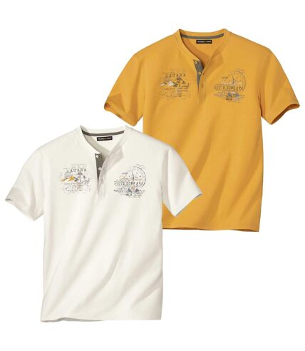 Pack of 2 Men's Button-Neck T-Shirts - Ecru Ochre