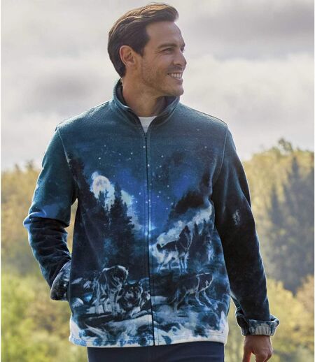 Men's Blue Wolf Print Fleece Jacket - Full Zip