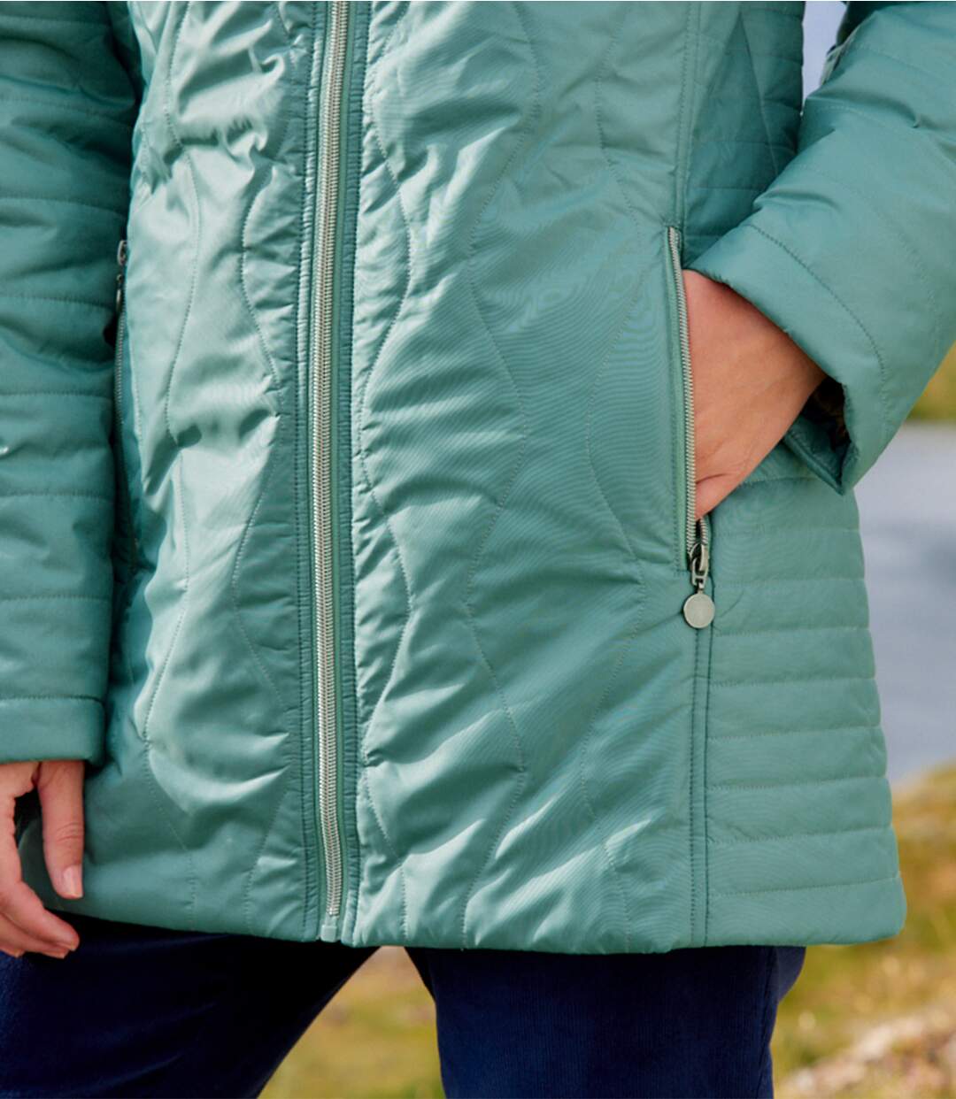 Manteau matelassé long à capuchon femme - vert-4