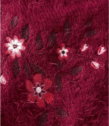 Pletený huňatý sveter s kvetinovými výšivkami