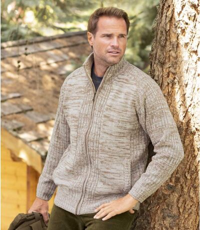 Men's Beige Fleece-Lined Knitted Jacket - Full Zip