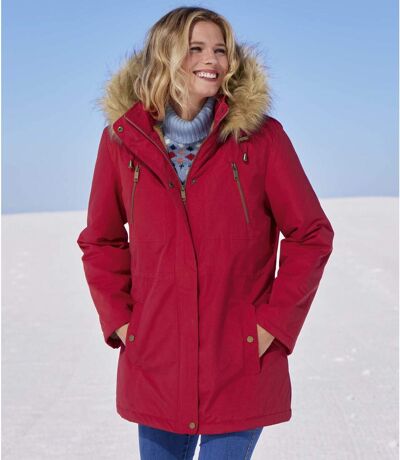 Women's Red Parka with Faux-Fur Hood - Water-Repellent 