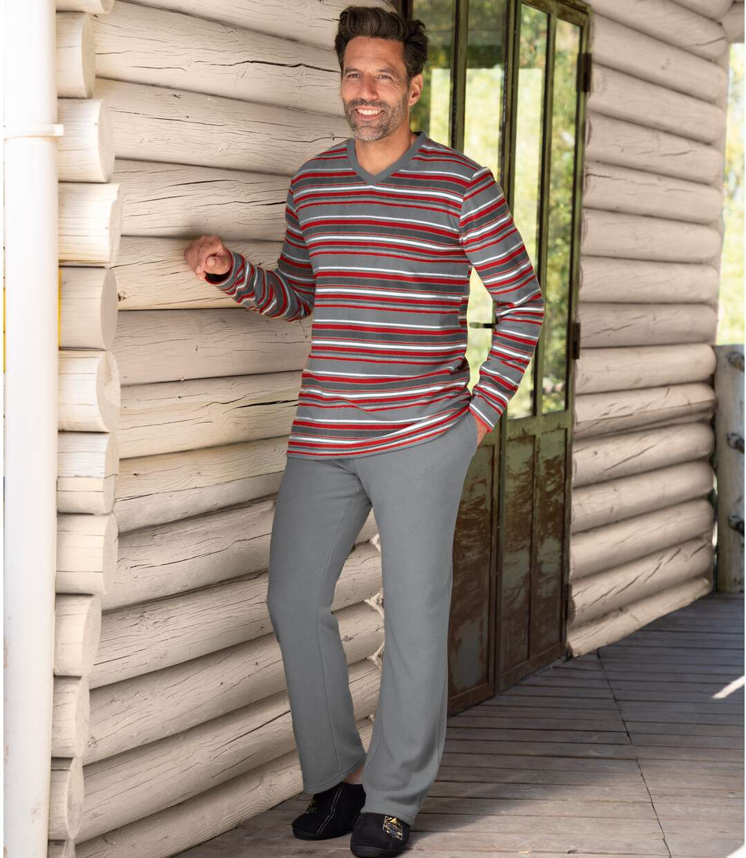 Men's Grey Striped Microfleece Pyjamas-2