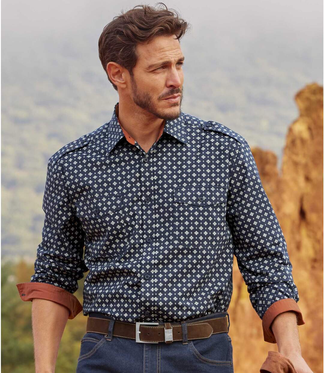 Men's Patterned Poplin Shirt - Navy Atlas For Men