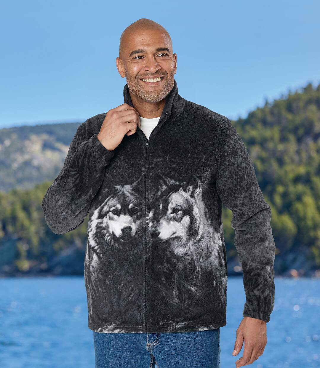 Warm Winter Cosy Outdoor Fleece Wolf Print Jacket - Denmark