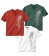 Pack of 3 Graphic Print T-Shirts - Green Red Ecru Atlas For Men
