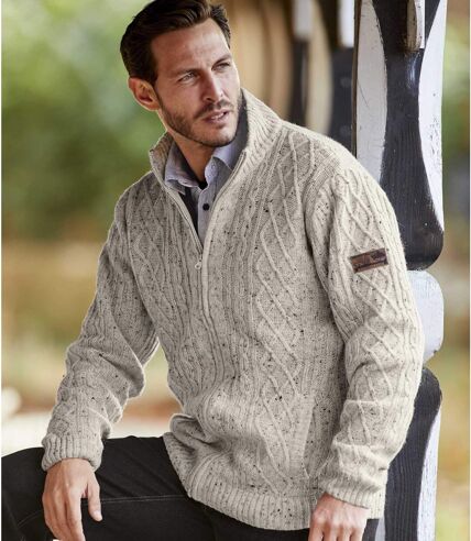 Men's Fleece-Lined Knitted Jacket - Marled Ecru - Full Zip