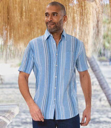 Men's Blue Striped Crepe Shirt - Short Sleeves
