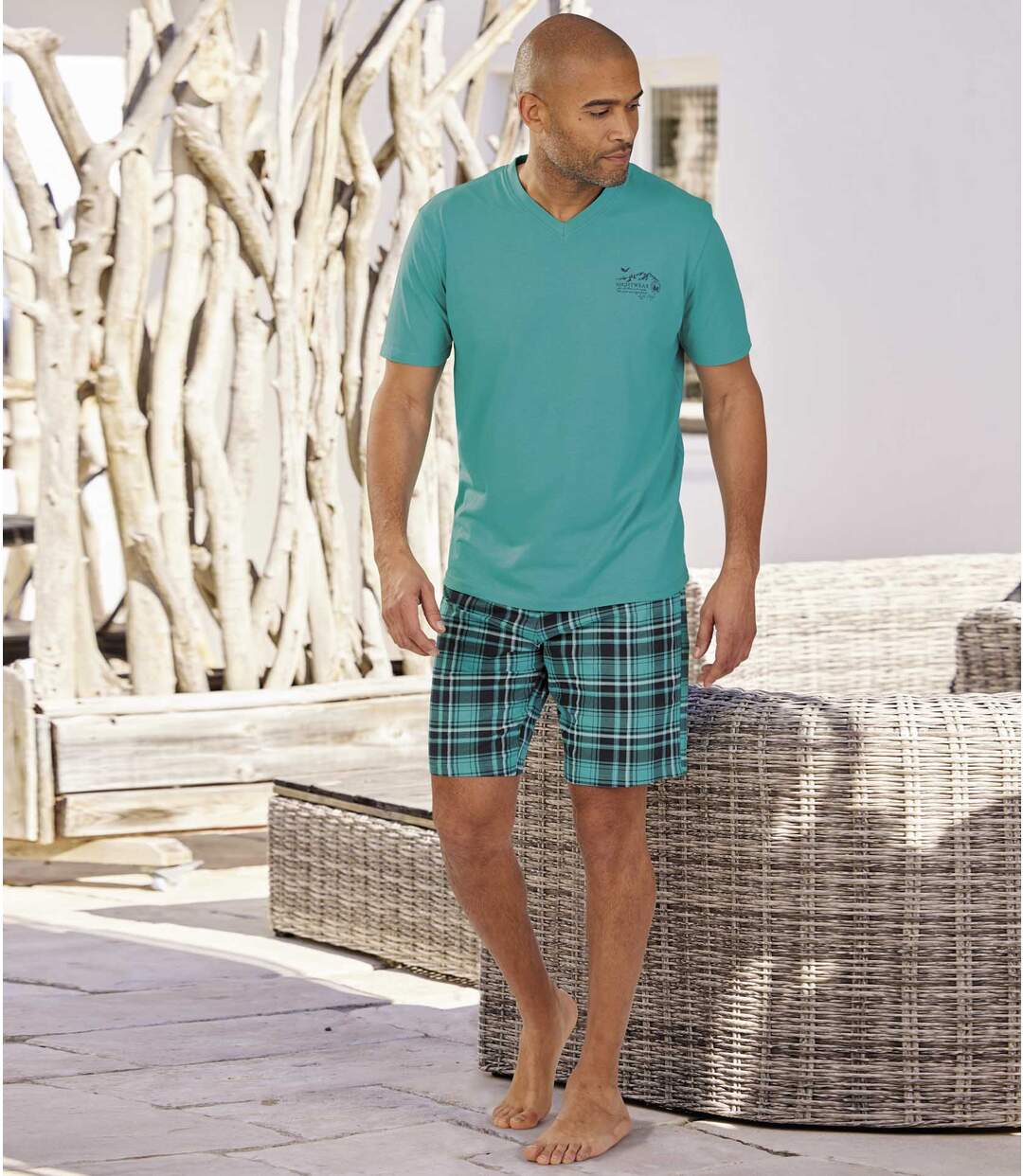 Men's Checked Pyjama Short Set - Turquoise  Atlas For Men