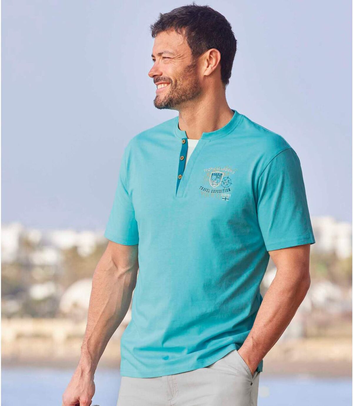 Pack of 2 Men's Button-Neck T-Shirts - Ecru Turquoise Atlas For Men
