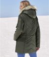 Women's Khaki Longline Padded Jacket - Water-Repellent - Faux-Fur Hood  Atlas For Men