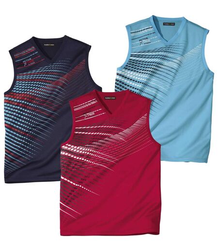 Pack of 3 Men's Sporty Tank Tops - Navy Red Turquoise