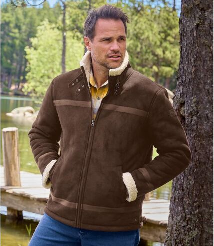 Men's Brown Faux-Suede Sherpa-Lined Jacket