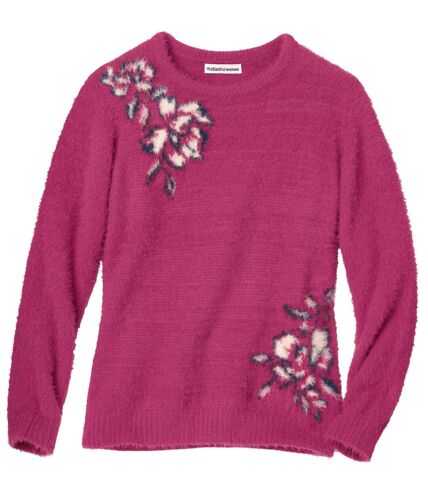 Chlpatý pletený sveter s kvetinami