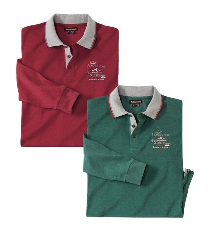 Pack of 2 Men's Long Sleeve Polo Shirts - Green Red