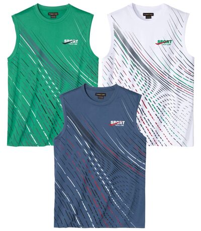 Pack of 3 Men's Sports Vests - White Green Blue