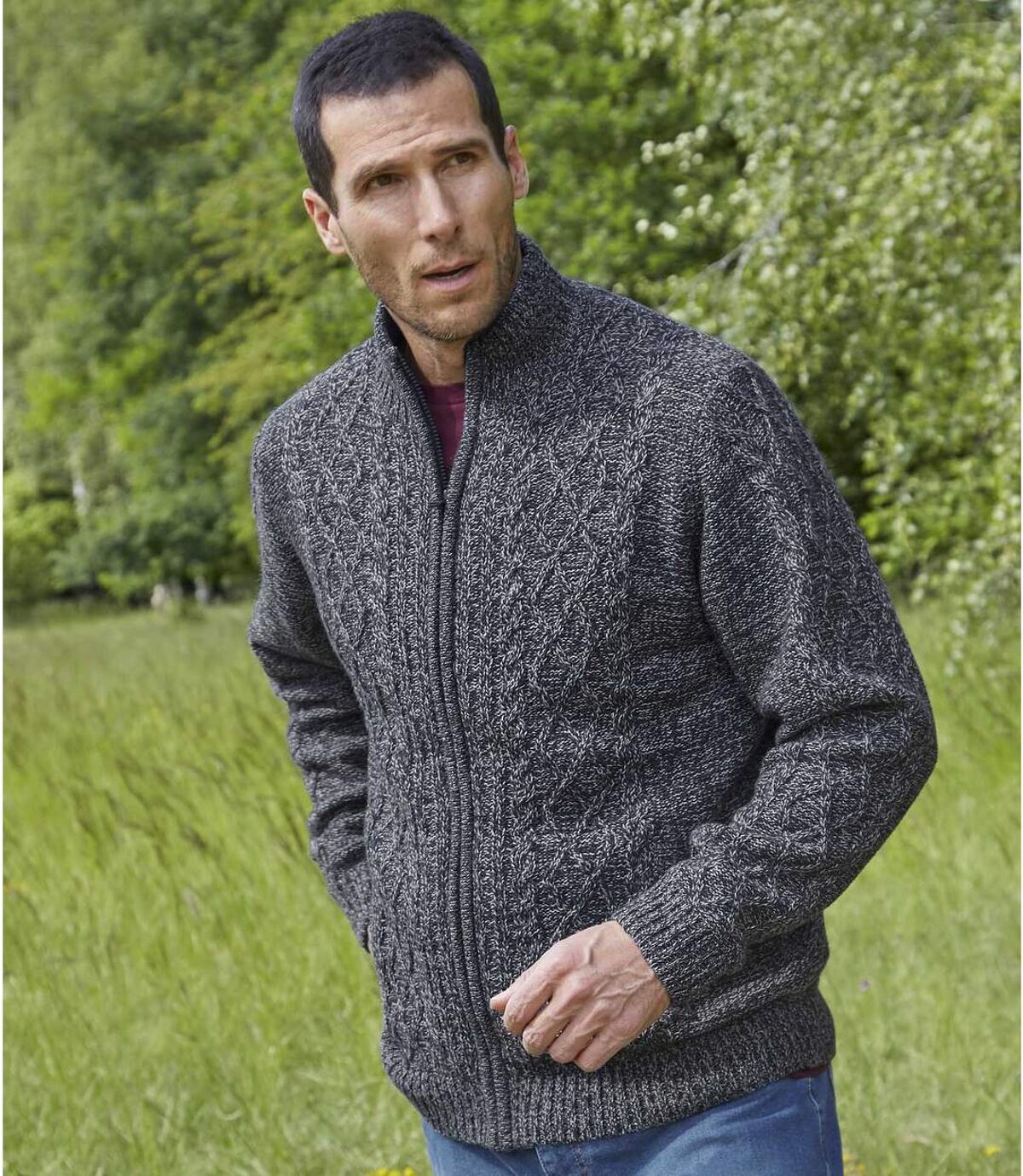 Men's Fleece-Lined Knitted Full Zip Jacket - Blue Marl Atlas For Men