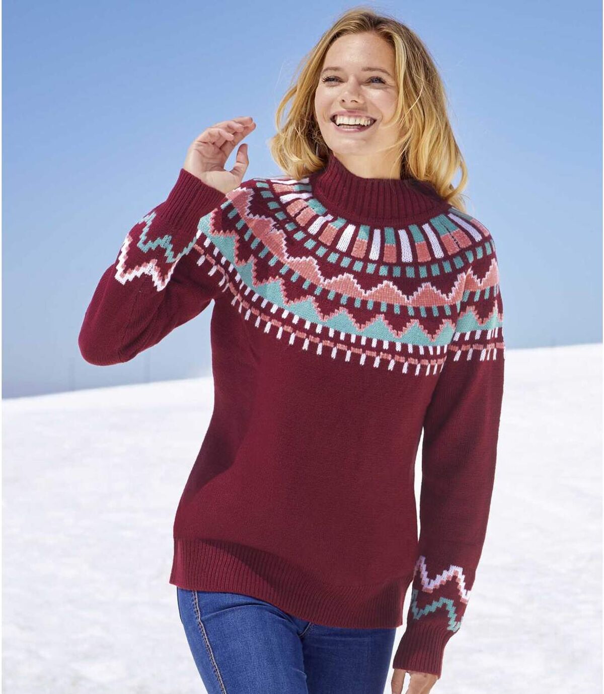Women's Patterned Turtle Neck Sweater - Burgundy Atlas For Men