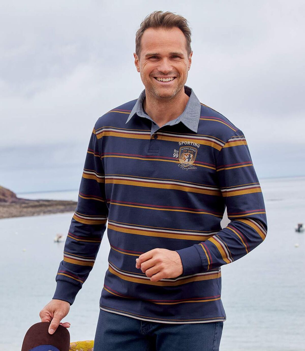 Men's Striped Long-Sleeved Polo Shirt - Navy Ochre | Atlas For Men