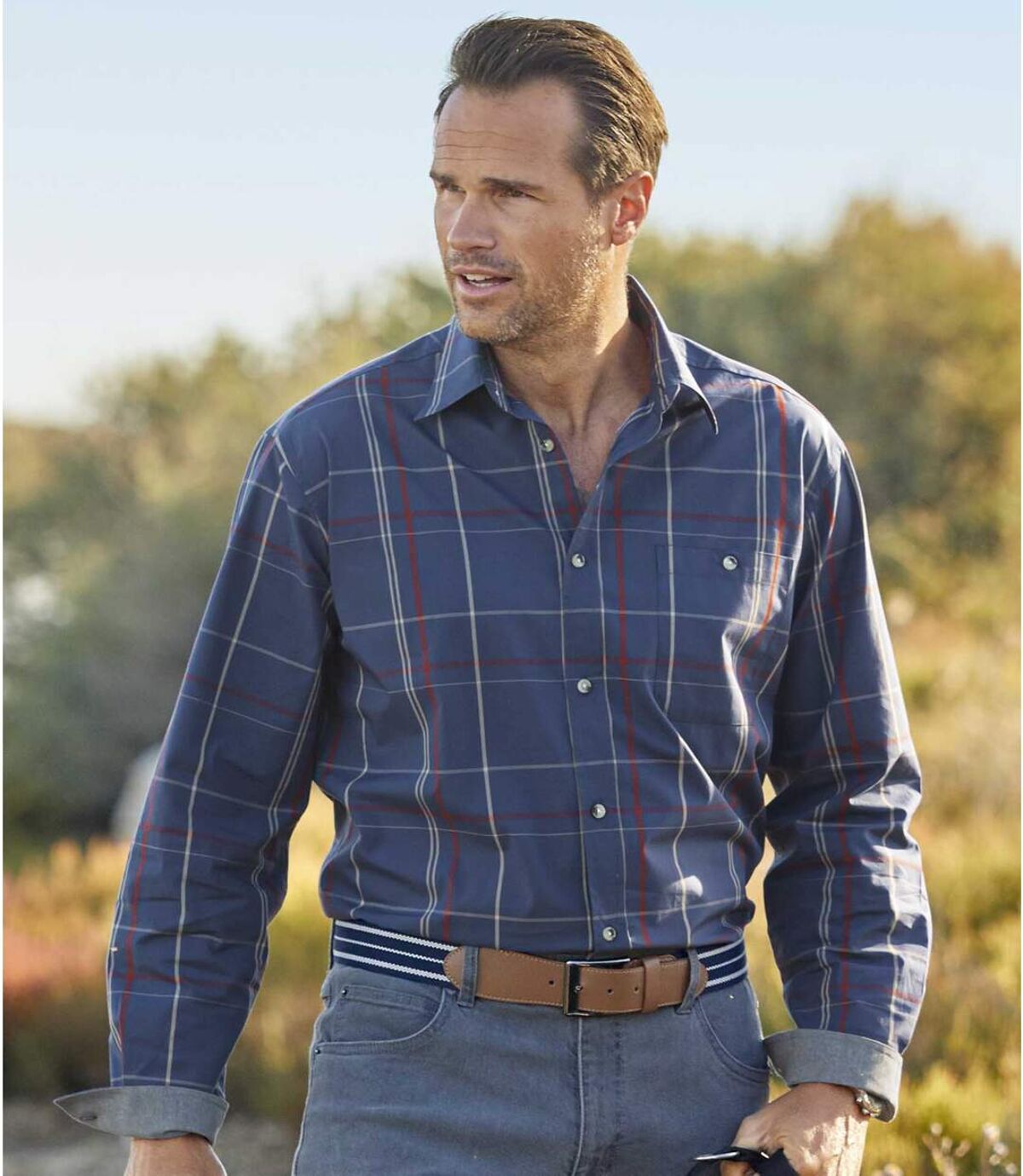 Men's Blue Poplin Plaid Shirt  Atlas For Men