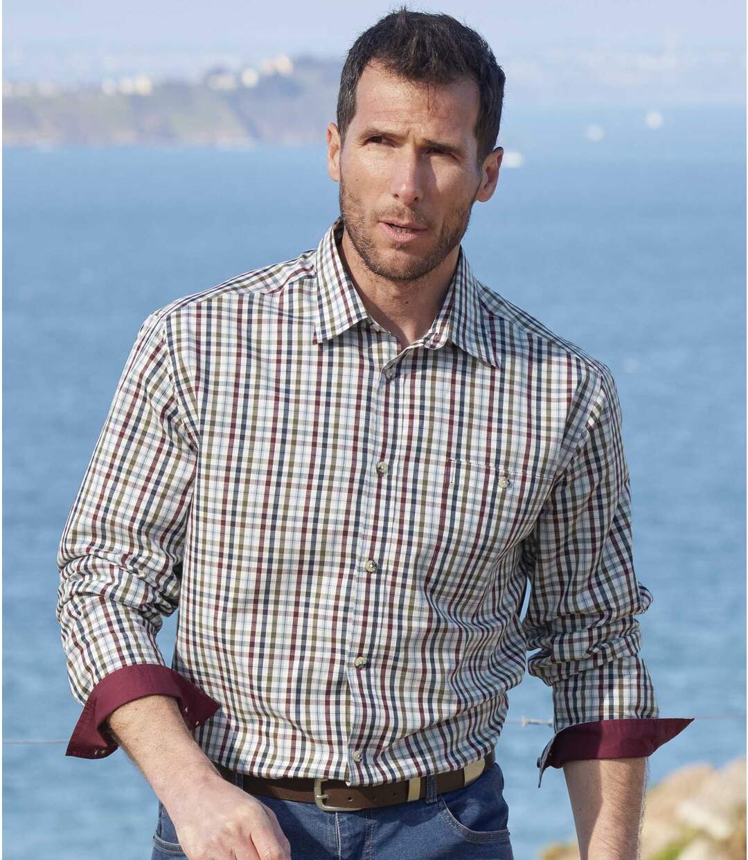 Men's Ecru Checked Poplin Shirt Atlas For Men