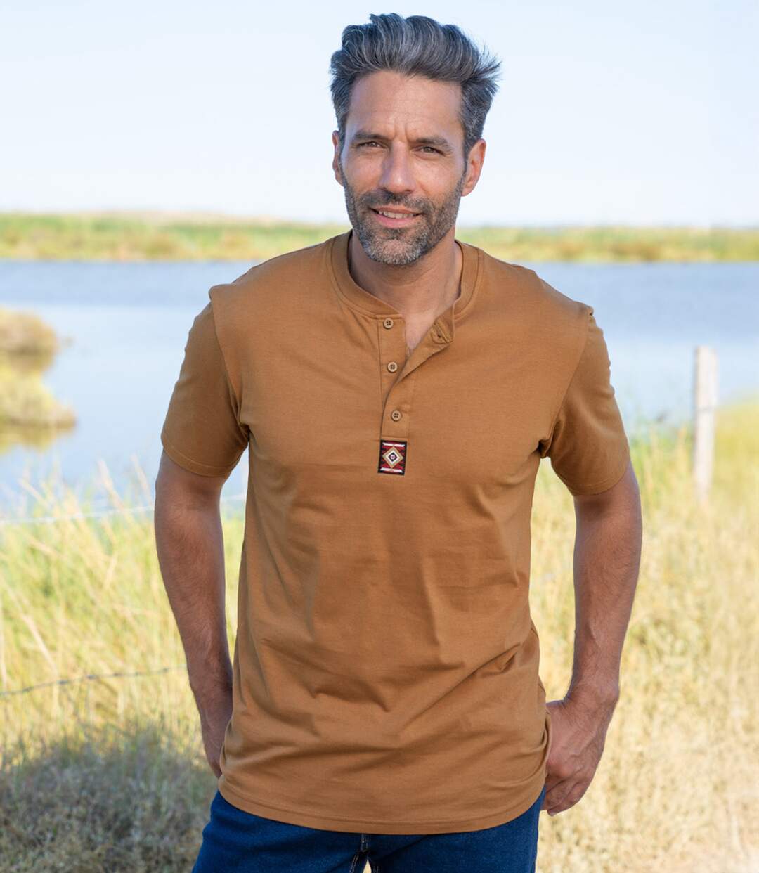 Set van 3 effen T-shirts met Henley kraag