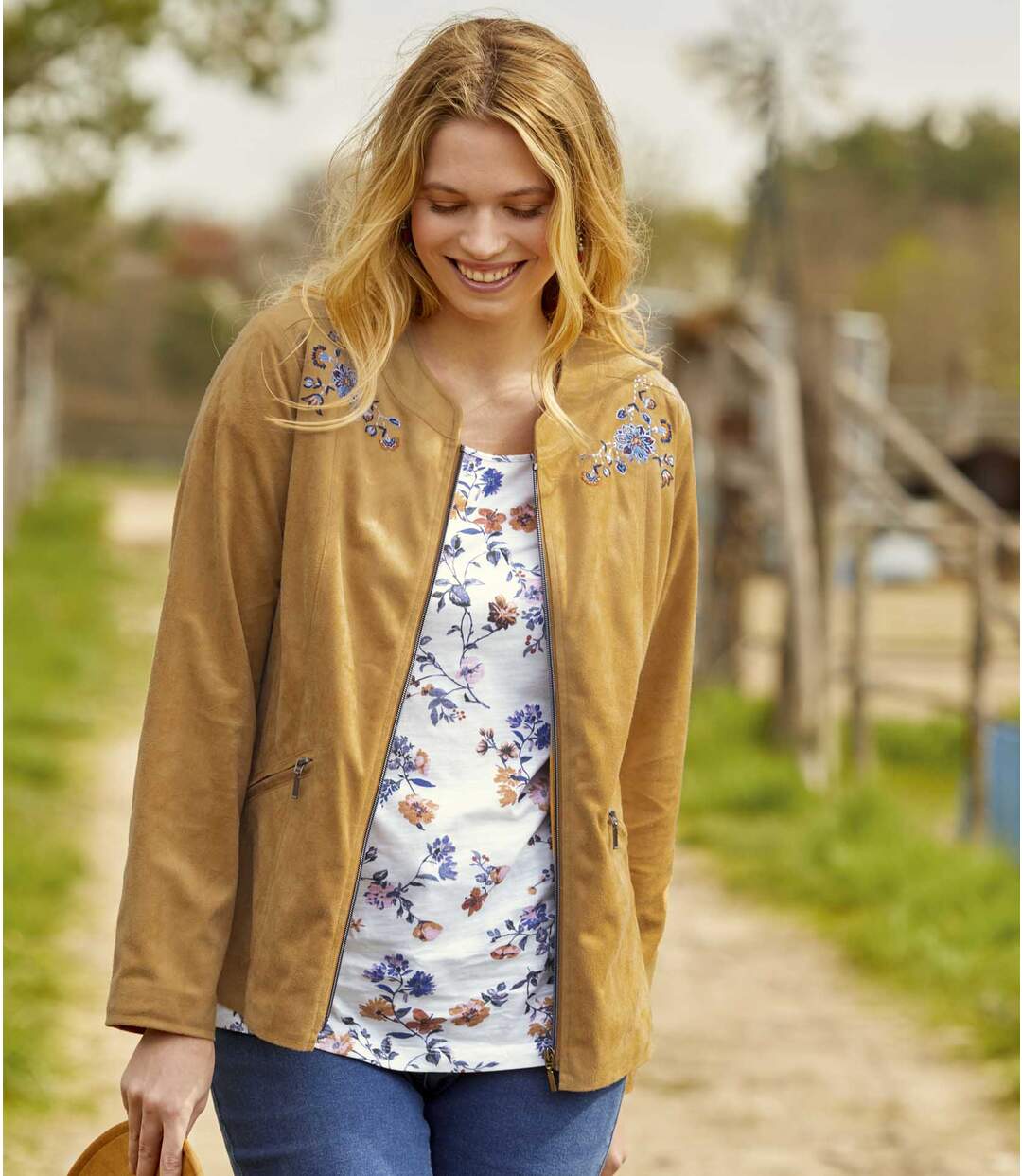 Women's Embroidered Faux Suede Jacket - Camel Atlas For Men
