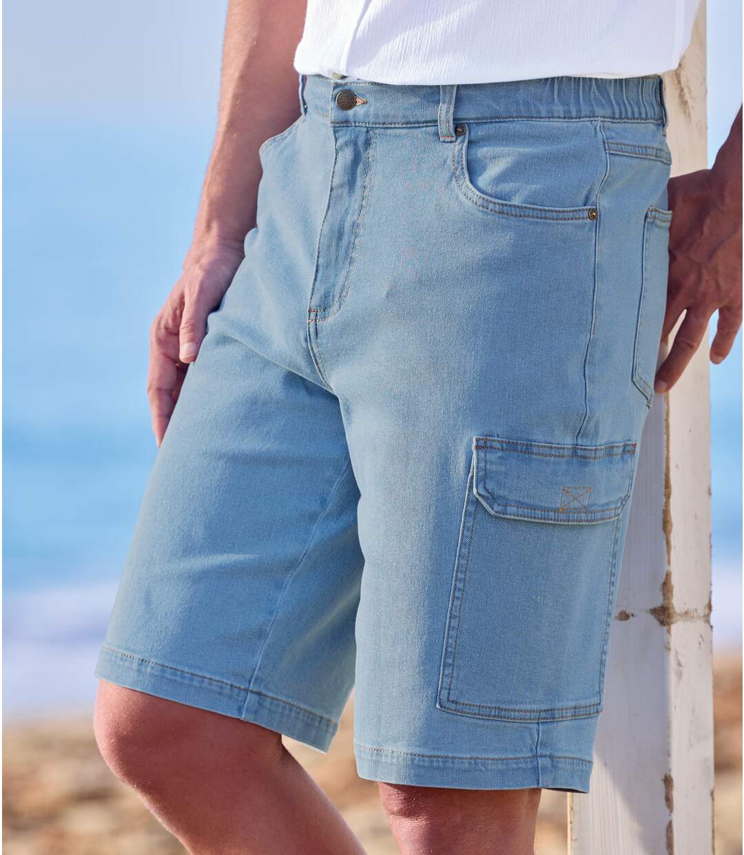 Men's Blue Stretchy Denim Cargo Shorts-1