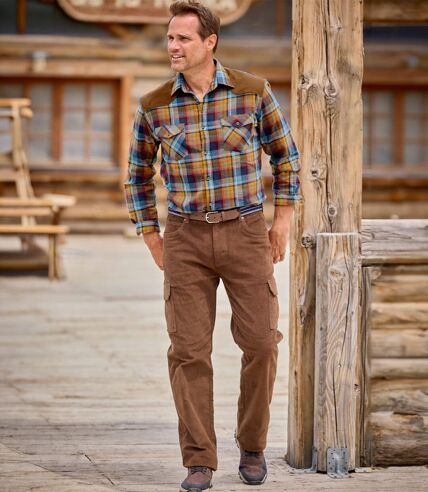 Men's Blue Checked Shirt With Faux-Suede Panels