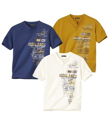 Pack of 3 Men's Print T-Shirts - Ecru Yellow Blue