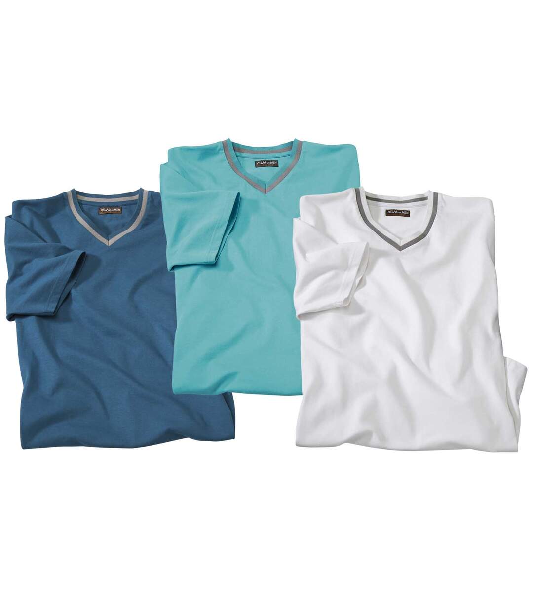 Pack of 3 Men's Classic V-Neck T-Shirts - White Turquoise Blue-1