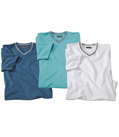 Pack of 3 Men's Classic V-Neck T-Shirts - White Turquoise Blue