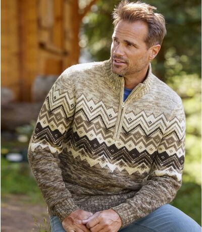 Men's Beige Patterned Sweater - Half Zip 