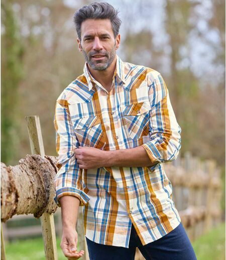 Men's Texas Checked Shirt - Ecru Yellow Blue