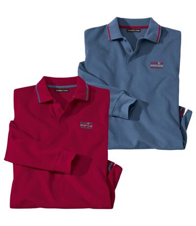 Pack of 2 Men's Long-Sleeved Polo Shirts - Red Blue
