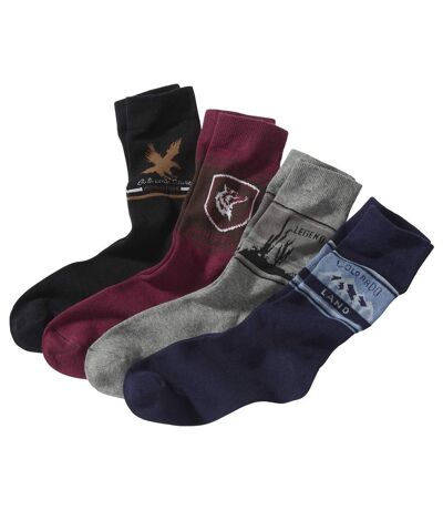 Pack of 4 Men's Pairs of Patterned Socks - Black Burgundy Navy Grey