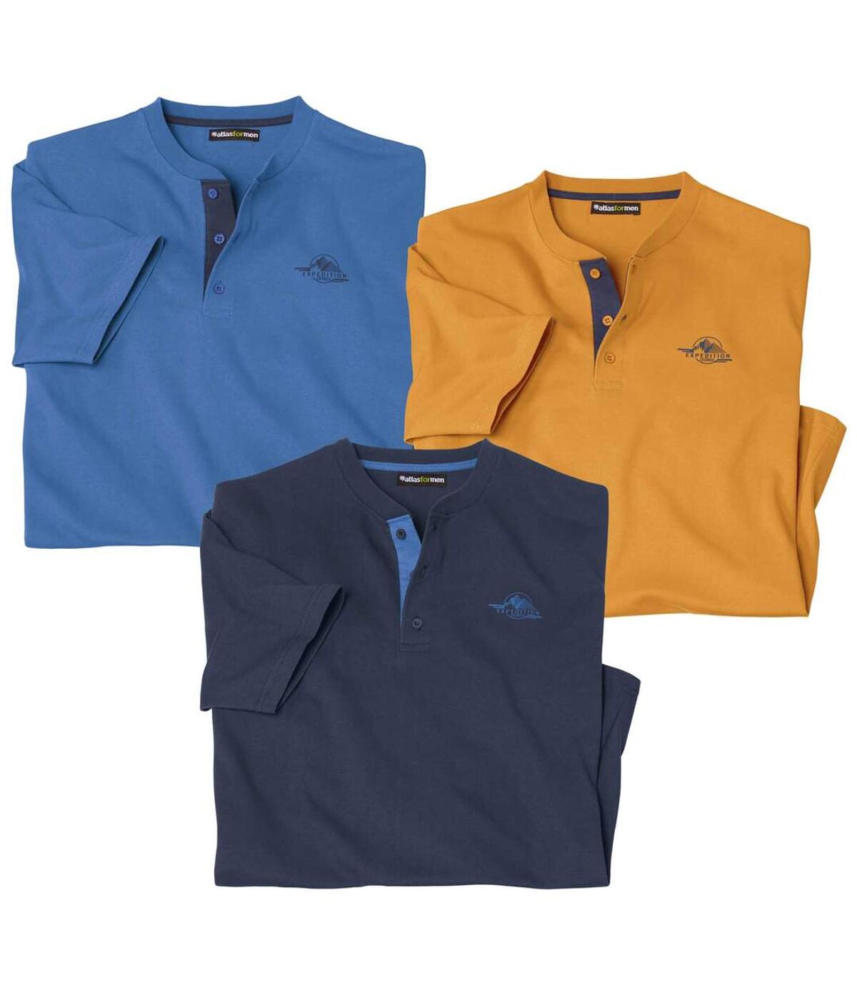 Pack of 3 Men's Henley T-Shirts - Blue Navy Ocher Atlas For Men