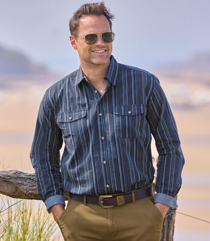 Men's Striped Navy Poplin Shirt