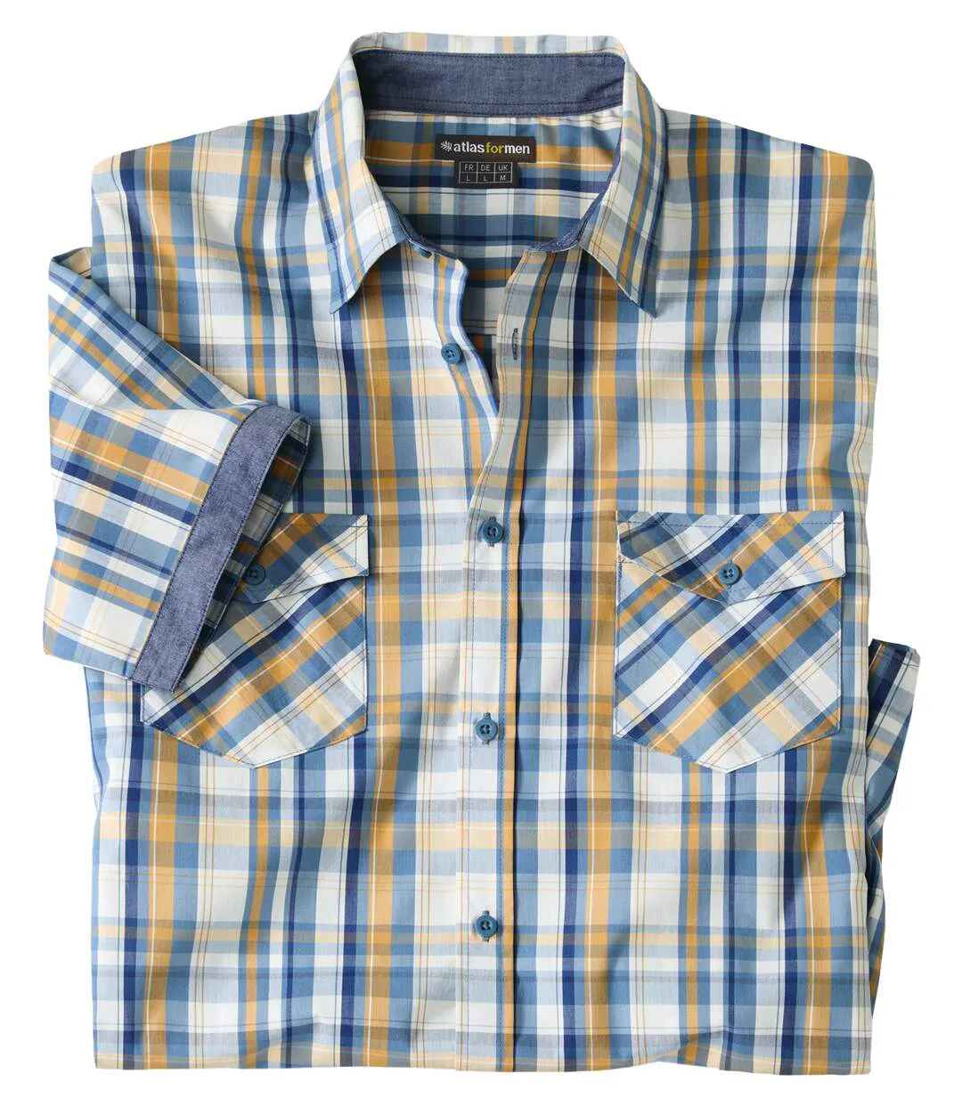 Men's Checked Short-Sleeved Shirt - Ecru Blue Orange-4