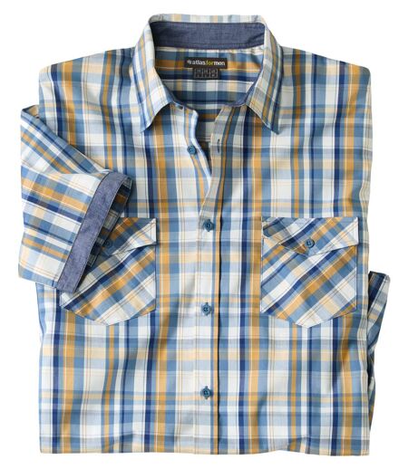 Men's Checked Short-Sleeved Shirt - Ecru Blue Orange