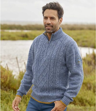 Men's Mottled Blue Cable-Knit Sweater