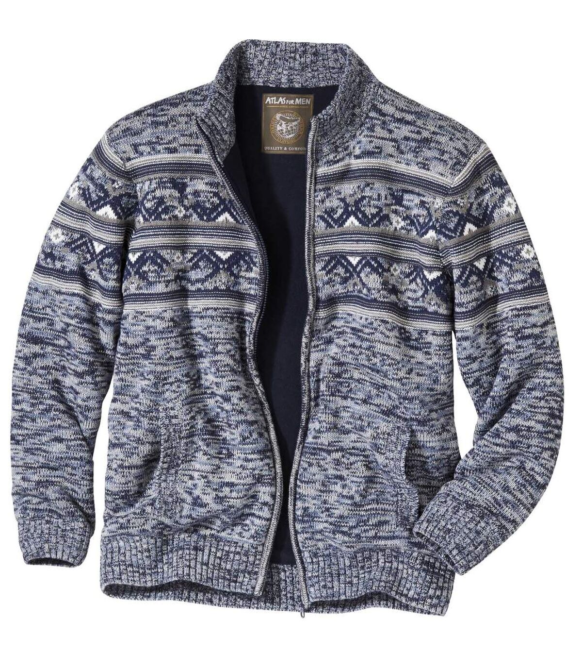 Men's Blue Nordic Knitted Jacket with Fleece Lining - Full Zip Atlas For Men