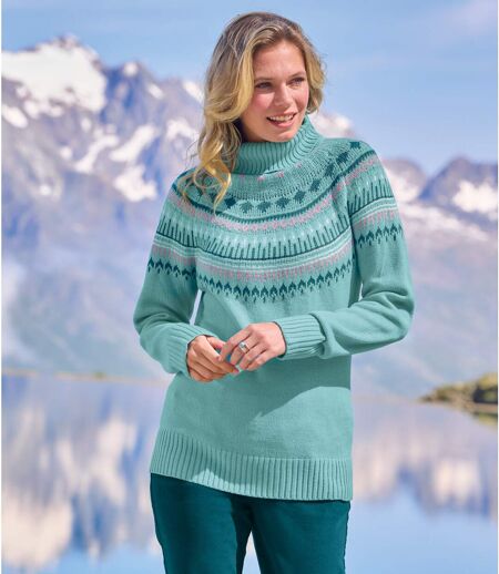 Women's Turquoise Patterned Turtleneck Jumper 