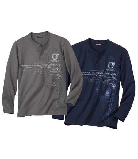 Pack of 2 Men's Long Sleeve Tops - Navy Blue Taupe