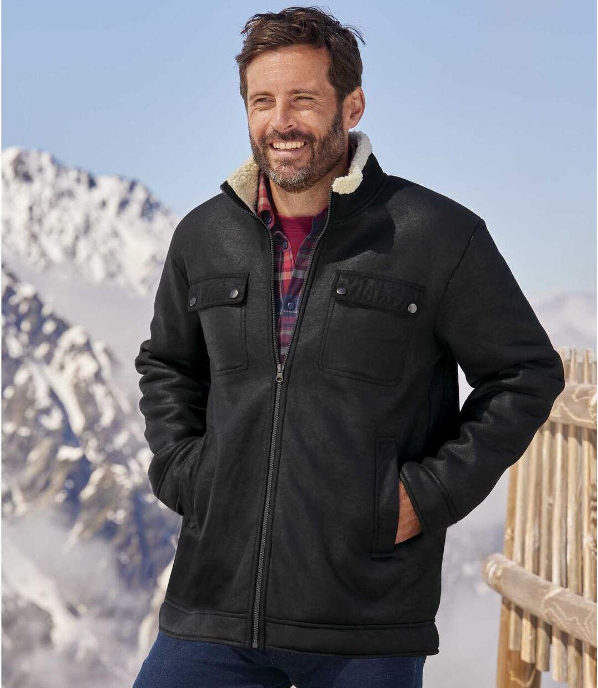 Men's Black Faux-Suede Aviator Jacket - Sherpa Lining                                                                          Atlas For Men