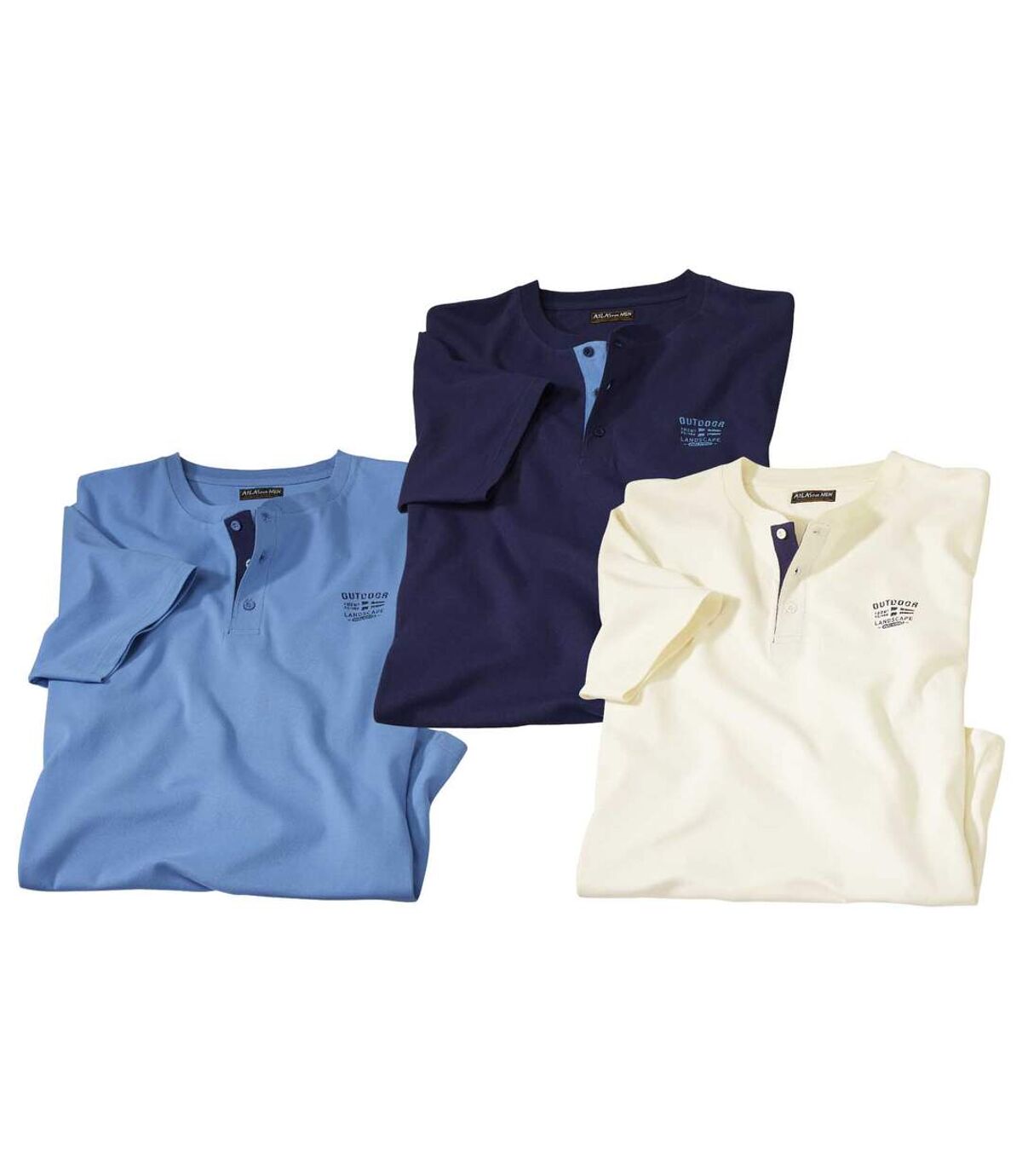 Pack of 3 Men's Henley T-Shirts - Blue, Navy, Cream Atlas For Men