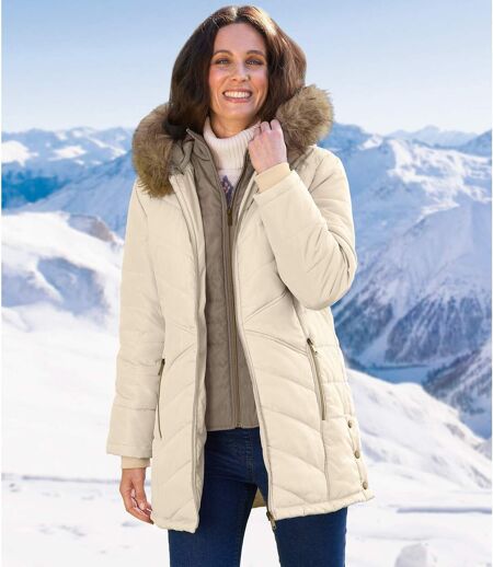 Women's Beige Padded Parka With Faux-Fur Hood