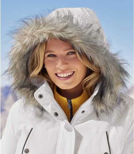 Women's White Hooded Parka - Water-Repellent  